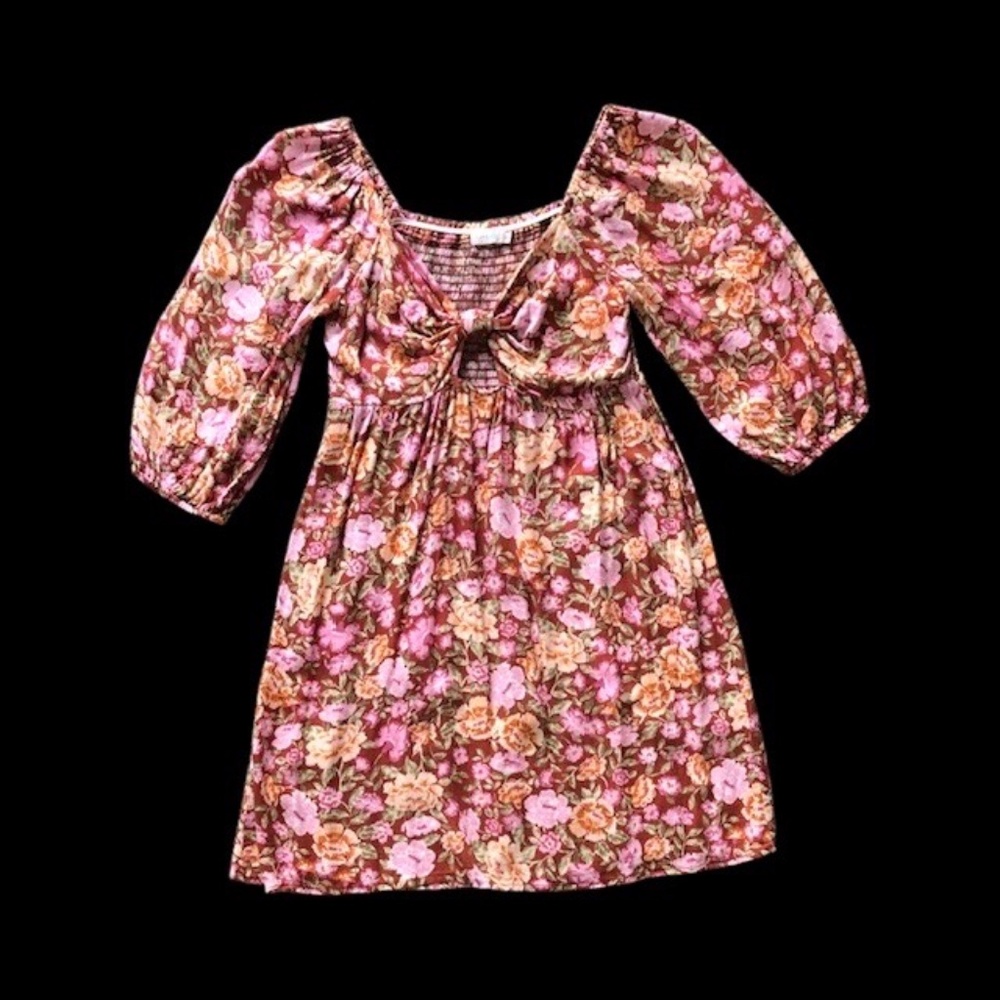 Lush Pink And Orange Floral Midi Dress With 3/4 Puff Sleeves Size S